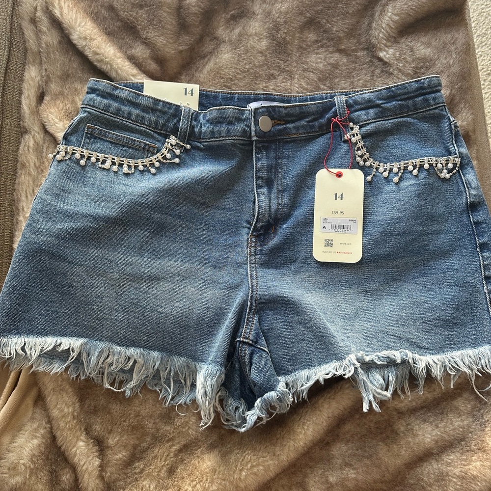 ARULA High Rise Jean Shorts with Pearl Embellishments